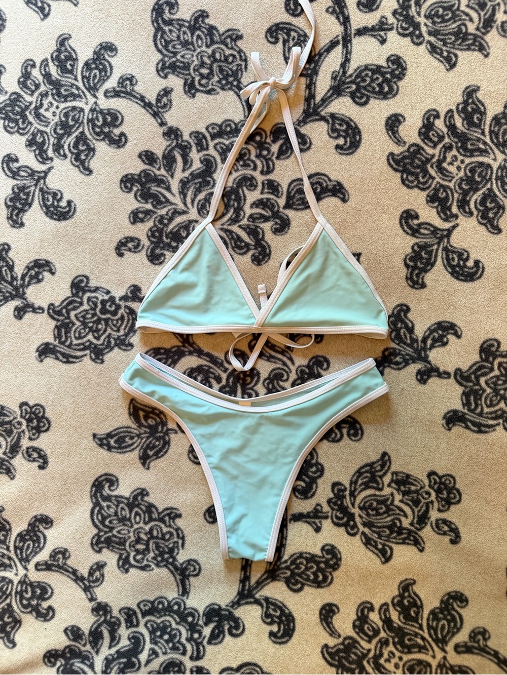 Light Aqua Triangle Bikini with Cream Trim